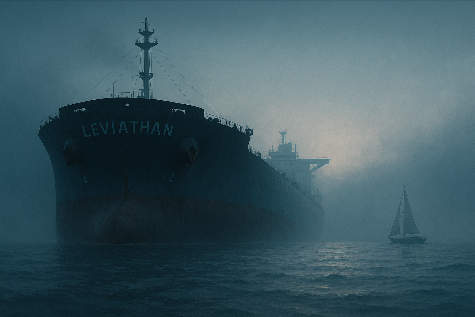 Velero frente al casco descomunal de un supertanker